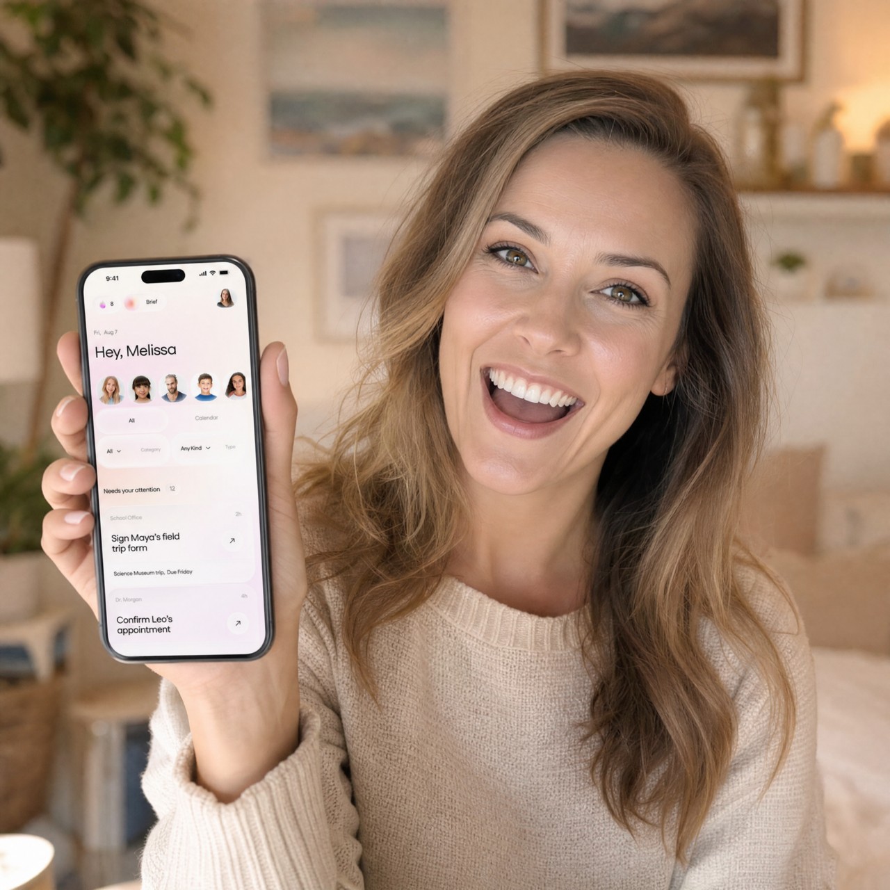 A mom holding the 24/7 Mom app